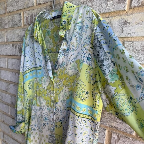 Zara Collared 3/4 Sleeve Paisley Print Satin Button Up Blouse Women's Size S - Picture 5 of 7